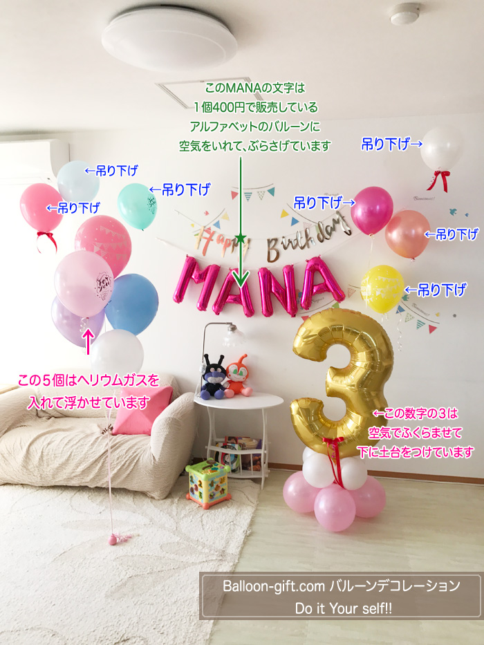 ゴム風船でお部屋を飾る 簡単めっちゃキュートなデコレーション ３ お誕生日のパーティを彩ろう ３歳のお誕生日バルーンデコレーション実例特集1 Balloon Gift Com バルーンを楽しむプチ知識